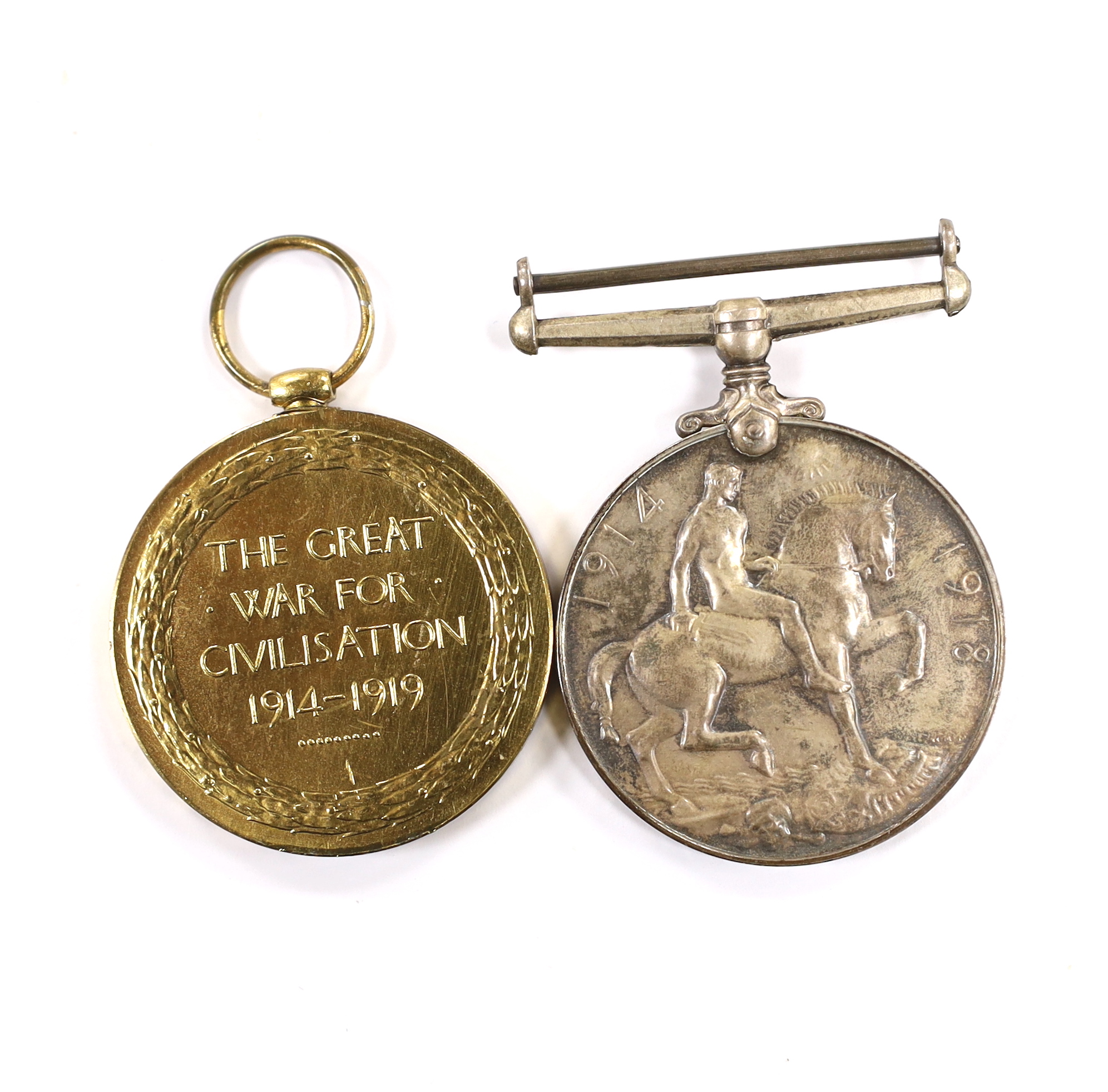 A WWI medal pair of Victory medal and British War medal, to Cpl. J.S. Rhodes A.S.C., with their original card box and outer postal envelope